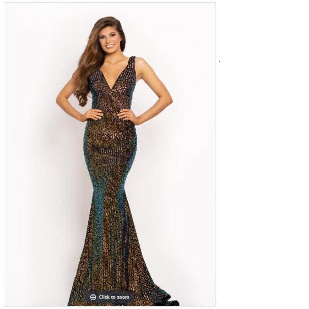 Johnathan Kayne Gold and Teal Iridescent Sequin Mermaid Gown